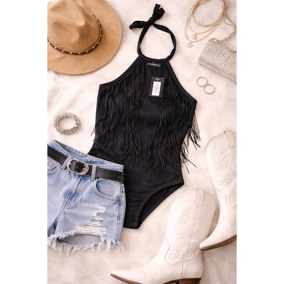 prettylittlethings Tops - PrettyLittleThing Black Fringe Halter Bodysuit NWT Festival Clubwear Size 4